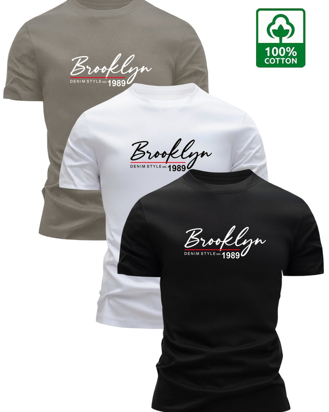 Set of 3 Men'S 100% Cotton T-Shirts, Lightweight for Summer, Breathable And Moisture-Wicking, Featuring a Round Neck And Print Design, Sweat-Resistant - SeviSa