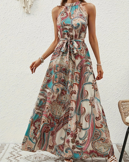 Elegant Bohemian Maxi Dress with Lace-Up Detail - High-Waisted, Sleeveless, Floral Print, Light Brown and Blue, Perfect for Adult Women, All-Season Versatile, Adult Women'S Dress|Floral Print Dress|Laceup Detail - SeviSa