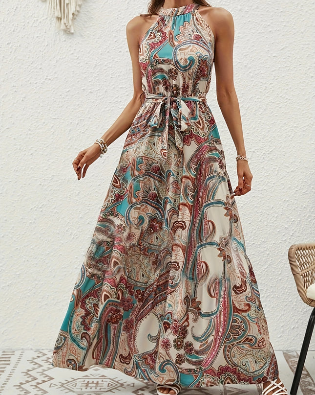 Elegant Bohemian Maxi Dress with Lace-Up Detail - High-Waisted, Sleeveless, Floral Print, Light Brown and Blue, Perfect for Adult Women, All-Season Versatile, Adult Women'S Dress|Floral Print Dress|Laceup Detail - SeviSa