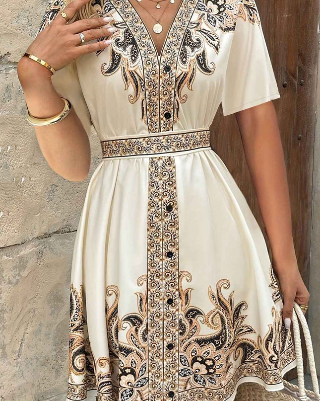 Women'S Vintage Floral Print V-Neck Dress with Tie Waist & Short Sleeves - Lightweight Polyester A-Line Dress for Spring/Summer, Perfect for Casual or Stylish Outfits, Cute Dress