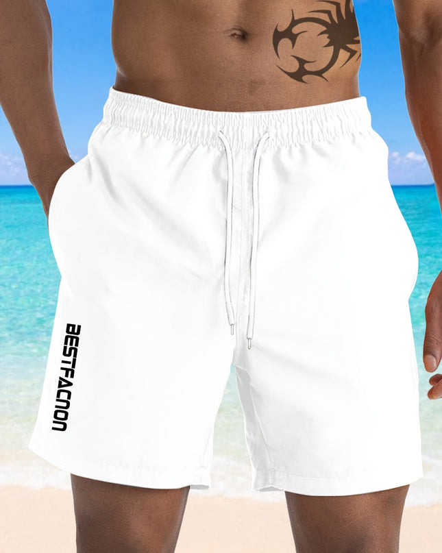 Men'S Plus Size White Beach Shorts with Black Geometric Print - Casual Drawstring Waist, Comfortable Polyester Fabric for Summer, PLUS SIZE - SeviSa