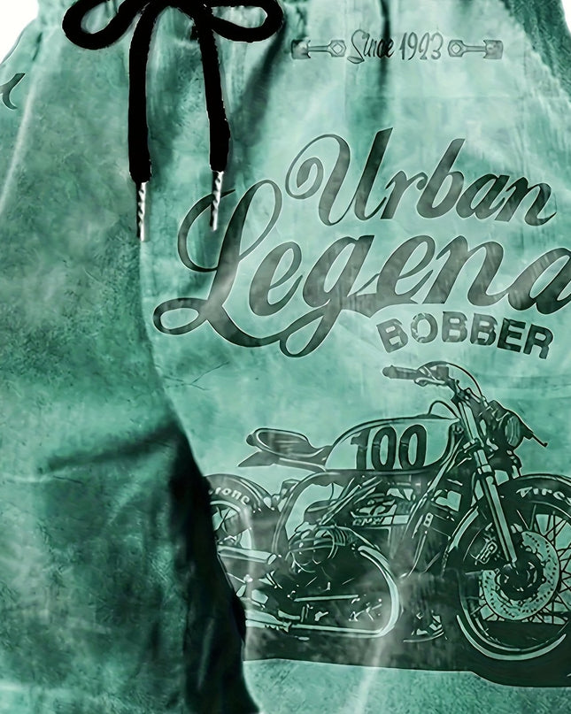 Men's Retro Motorcycle Print Shorts | Urban Legend Bobber | Vintage Biker Graphic | Polyester with Drawstring Waistband | Machine Washable | Casual Summer Wear, Motorcycle Apparel | Retro Bobber Design | Smooth Texture Fabric - SeviSa