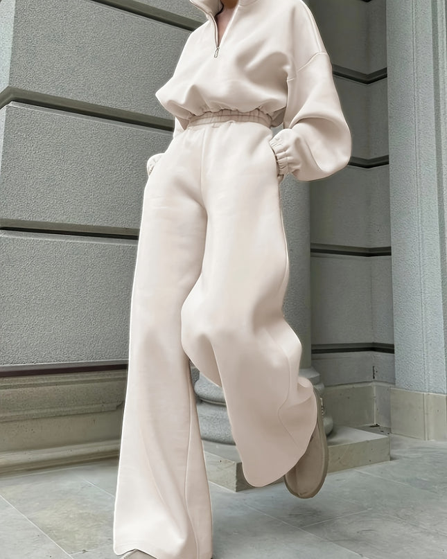 Women'S Cozy Beige Sweatshirt & Wide-Leg Pants Set - Casual Fall/Winter Polyester Knitwear with Elastic Waistband & Cuffs, Perfect for Casual Attire, Cozy Clothing | Relaxed Fit Pants | Polyester Knitwear