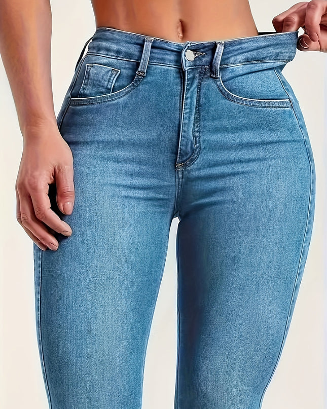 Women's Sexy High-Waisted Skinny Jeans, Stretch Denim, Plain Casual Fashion Pants, Light Blue For Fall - SeviSa