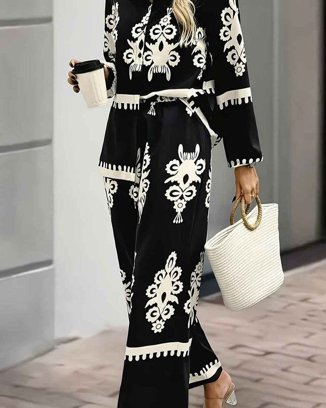 Women'S Stylish Black and White Paisley Print Two-Piece Set - Square Neck, Button-Up Blazer with Matching Pants, Perfect for Spring/Summer, Casual Attire|Paisley Print|Square Neckline, Pants Piece