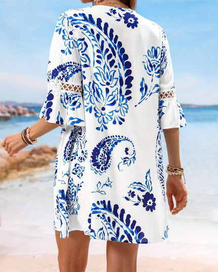 Women'S V-Neck Floral Print Dress with Lace Trim - Short Sleeve, Peplum Hem, Blue & White Design, Perfect for Beach Vacations, Beach Dresses