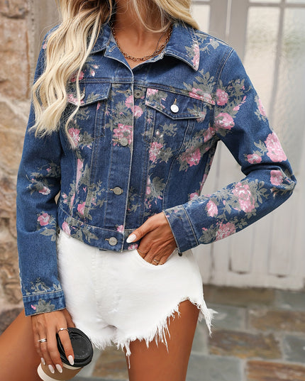 Women's Elegant Floral Print Denim Jacket, Stylish Cropped Outerwear, Casual Fashion Jean Coat For Spring/Summer - SeviSa