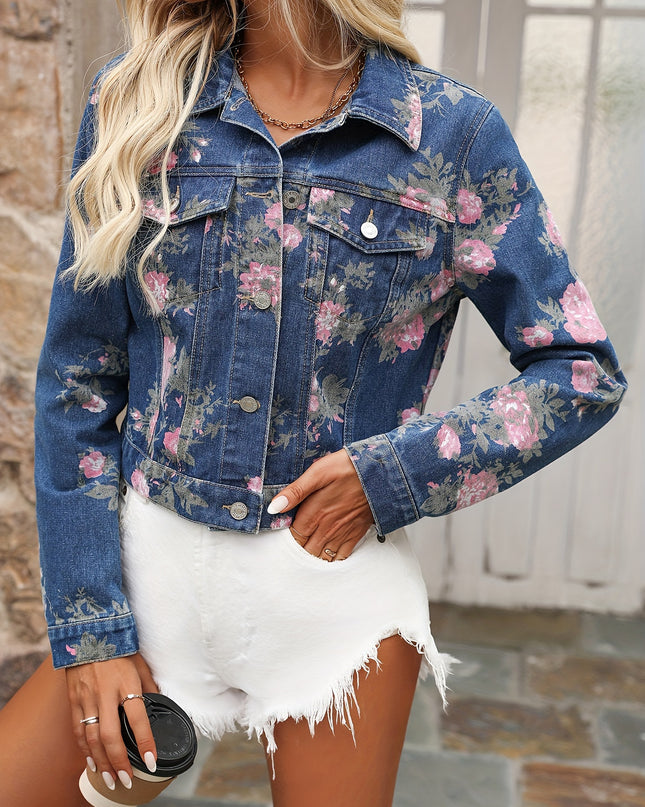 Women's Elegant Floral Print Denim Jacket, Stylish Cropped Outerwear, Casual Fashion Jean Coat For Spring/Summer - SeviSa