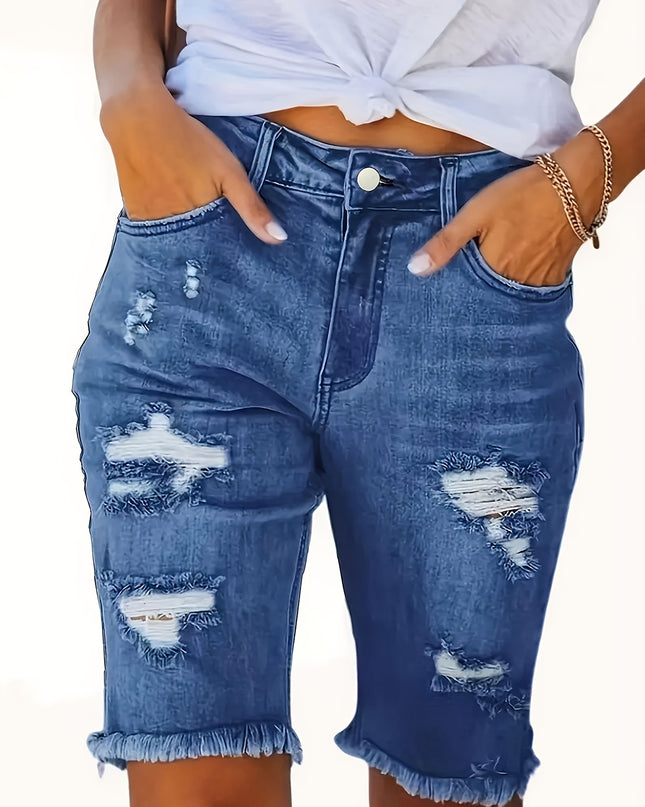 Women's 2025 Summer New Stretch Tummy Control Raw Hem Ripped Jean Shorts, Retro Light Blue Washed Slim Fit Mid-Length Fringe High Waist Denim Pants with Pockets, 90s Ladies' Clothing, Comfort Street Style Casual Pants Fit for - SeviSa