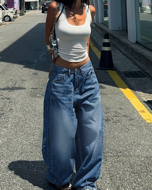 Vintage-Inspired Washed Blue Straight-Leg Jeans for Women - Casual Loose Fit, Versatile Denim Pants with Slash Pockets - SeviSa