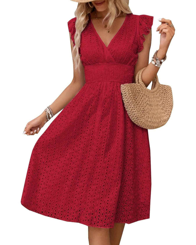 Elegant Ruffle Sleeve V-Neck Dress with Tiered Hem - Navy Blue, Knee-Length, Perfect for Spring & Summer, Women'S Fashion, Casual Elegance | Tiered Hem Dress | Ruffle Sleeve Dress