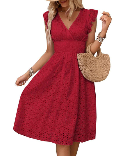Elegant Ruffle Sleeve V-Neck Dress with Tiered Hem - Navy Blue, Knee-Length, Perfect for Spring & Summer, Women'S Fashion, Casual Elegance | Tiered Hem Dress | Ruffle Sleeve Dress