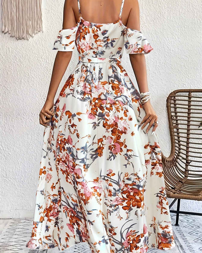 Elegant Floral Print V-Neck Maxi Dress with Tie-Waist and Ruffle Detail - Sleeveless, Flowy A-Line Skirt for Women, Perfect for Summer, Elegant Event Wear|Floral Print Dress|Polyester Fabric