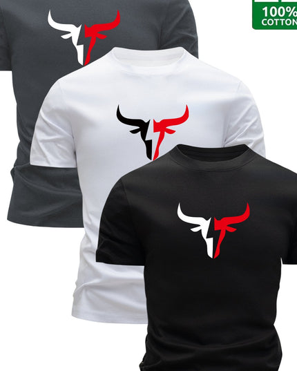 3pcs Men's 100% Cotton Graphic T-Shirts - Bold Bull Head & Letter Print, Slim Fit Short Sleeve Round Neck Tees for Summer Casual Wear, Breathable & Machine Washable, Everyday Comfort | Durable Fabric - SeviSa