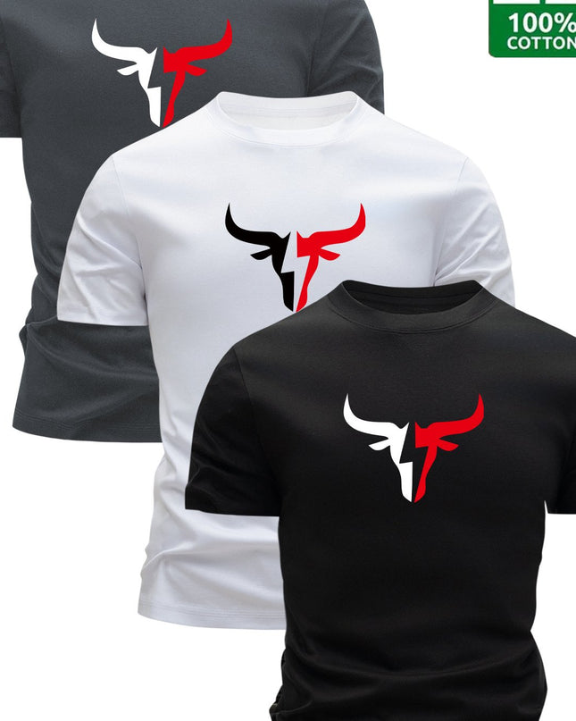 3pcs Men's 100% Cotton Graphic T-Shirts - Bold Bull Head & Letter Print, Slim Fit Short Sleeve Round Neck Tees for Summer Casual Wear, Breathable & Machine Washable, Everyday Comfort | Durable Fabric - SeviSa