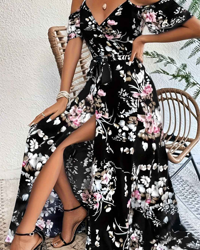 Elegant Floral Print V-Neck Maxi Dress with Tie-Waist and Ruffle Detail - Sleeveless, Flowy A-Line Skirt for Women, Perfect for Summer, Elegant Event Wear|Floral Print Dress|Polyester Fabric