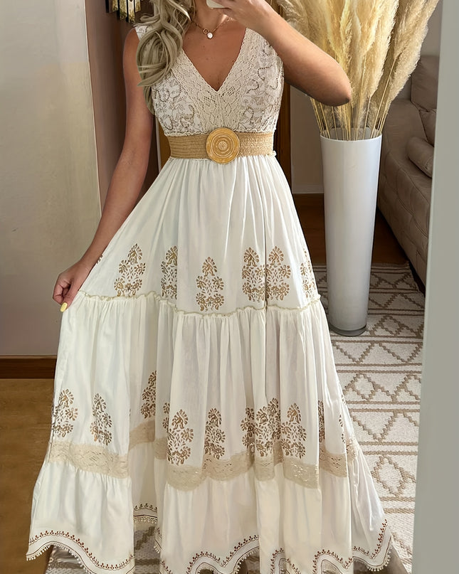 Vintage Floral Lace V-Neck Flare Sleeve Tiered Maxi Dress - Lightweight Breathable Non-Stretch Fabric, Hand Wash Only, Spring Summer Fall Women's Casual & Formal Dress, Lace Dress, Seasonal Fashion, Intricate Embroidery, Vaca - SeviSa