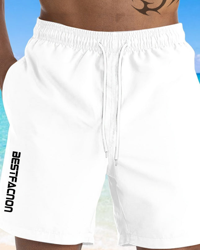 Men'S Plus Size White Beach Shorts with Black Geometric Print - Casual Drawstring Waist, Comfortable Polyester Fabric for Summer, PLUS SIZE - SeviSa