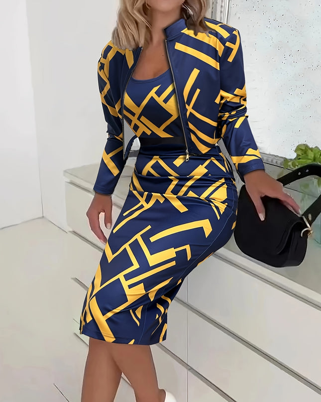 Women'S Geometric Print Zip-Up Jacket and Dress Set - Navy Blue and Yellow, Knit Polyester, Long Sleeve, Zipper Front, All-Season Wear, Stylish Office Attire, Office Attire|Geometric Print|Zippered Jacket