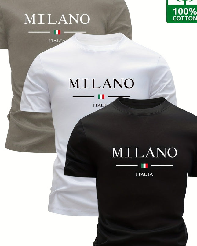 Set of 3 100% Cotton T-Shirts, Casual Letter Print Tees, Men'S Round Neck Tops, Perfect for Summer. - SeviSa