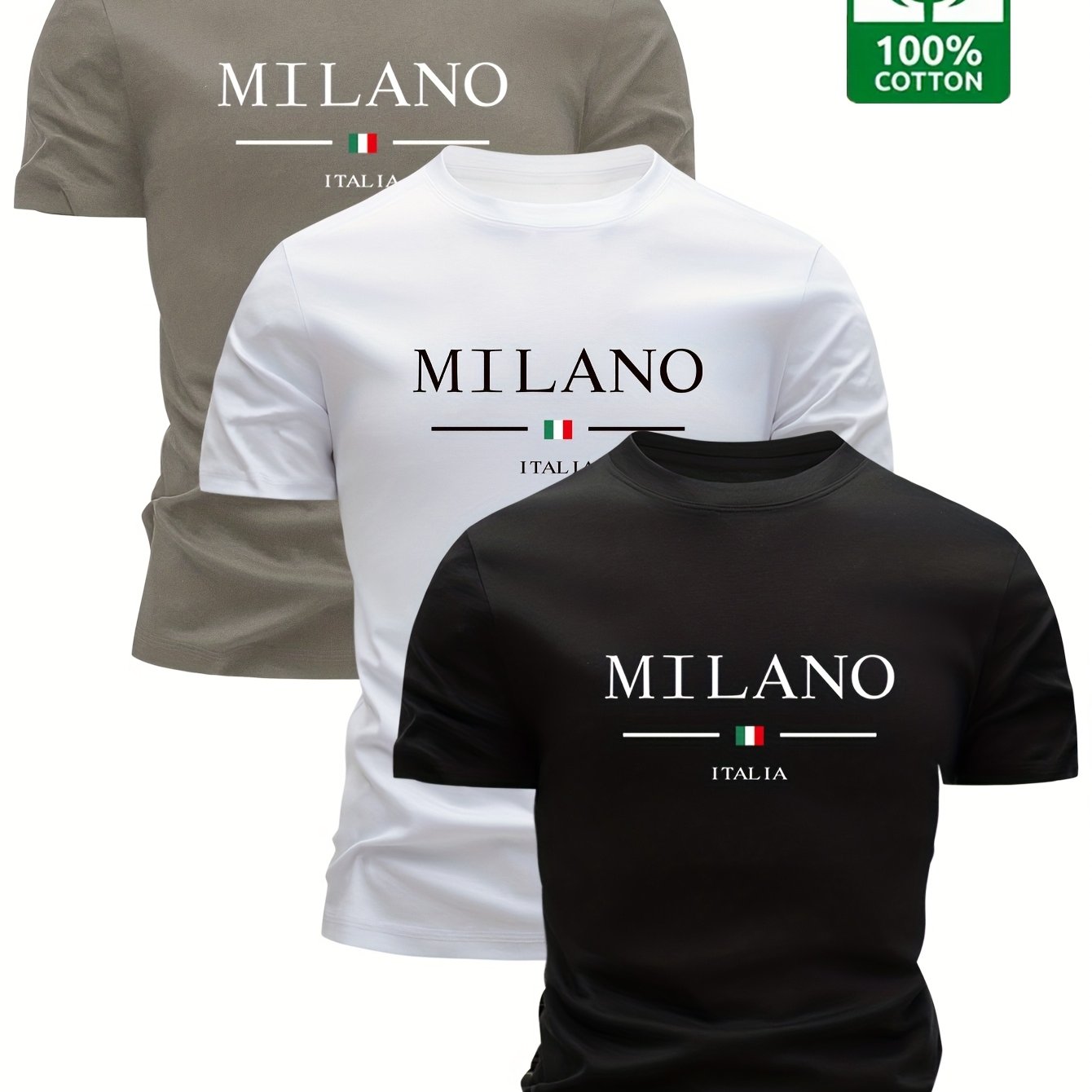 Set of 3 100% Cotton T-Shirts, Casual Letter Print Tees, Men'S Round Neck Tops, Perfect for Summer. - SeviSa