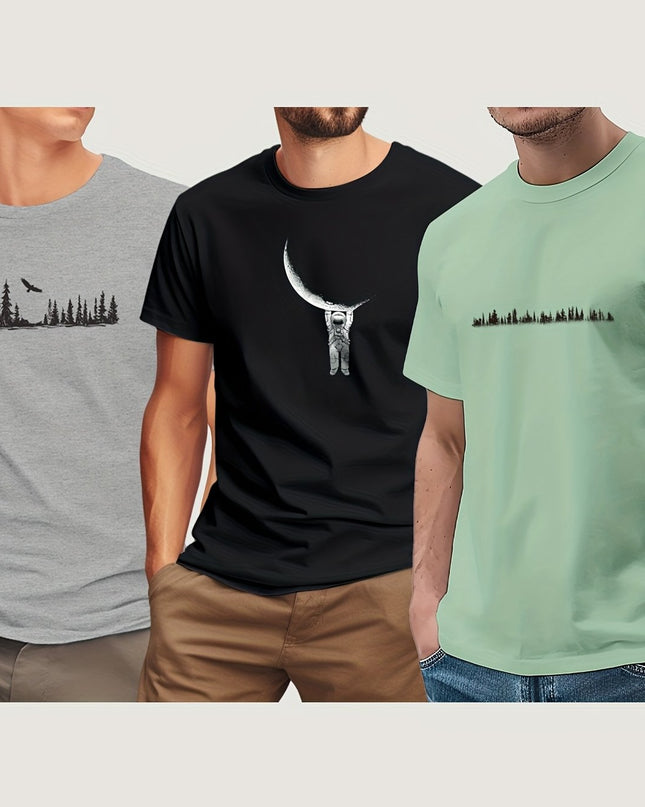 3pcs Men'S 180GSM Cotton Short Sleeve T-Shirts - Regular Fit Round Neck with Bold Skull & Fishbone Print - SeviSa