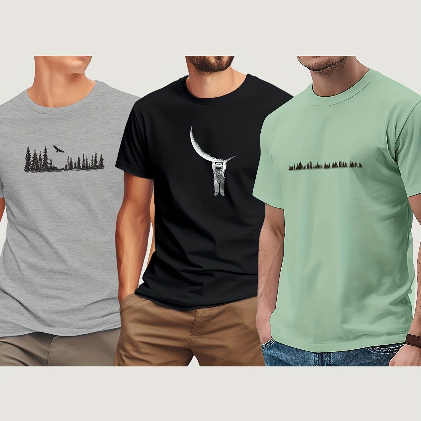 3pcs Men'S 180GSM Cotton Short Sleeve T-Shirts - Regular Fit Round Neck with Bold Skull & Fishbone Print - SeviSa