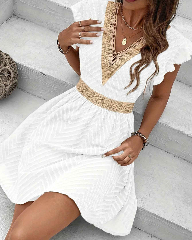 Elegant French Lace V-Neck A-Line Dress for Women - Chic Summer Sleeveless Dress with Contrast Lace Detailing, Lightweight Polyester Blend, Perfect for Casual or Formal Occasions, Lace Dress