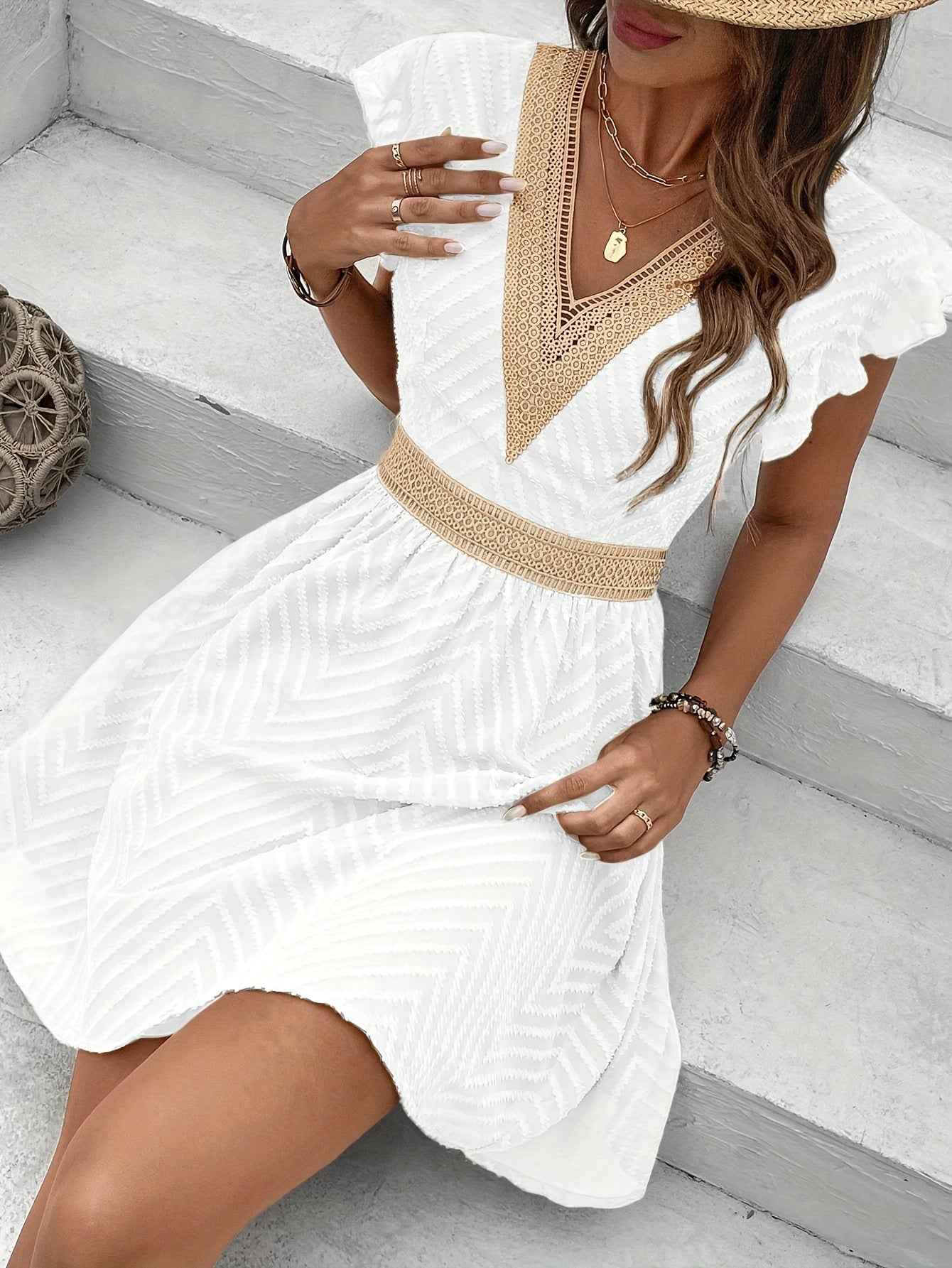 Elegant French Lace V-Neck A-Line Dress for Women - Chic Summer Sleeveless Dress with Contrast Lace Detailing, Lightweight Polyester Blend, Perfect for Casual or Formal Occasions, Lace Dress