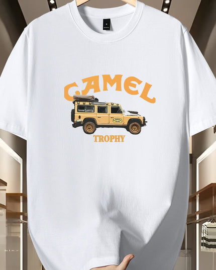 Men's 200g 100% Cotton Short Sleeve T-Shirt - White Casual Round Neck Tee with Geometric Pattern, Breathable Summer Top, Machine Washable Regular Fit, Everyday Apparel, Graphic Camel Design, Soft Fabric, Versatile Top, Minima - SeviSa