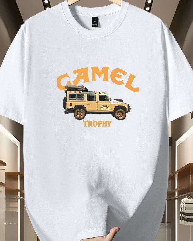 Men's 200g 100% Cotton Short Sleeve T-Shirt - White Casual Round Neck Tee with Geometric Pattern, Breathable Summer Top, Machine Washable Regular Fit, Everyday Apparel, Graphic Camel Design, Soft Fabric, Versatile Top, Minima - SeviSa
