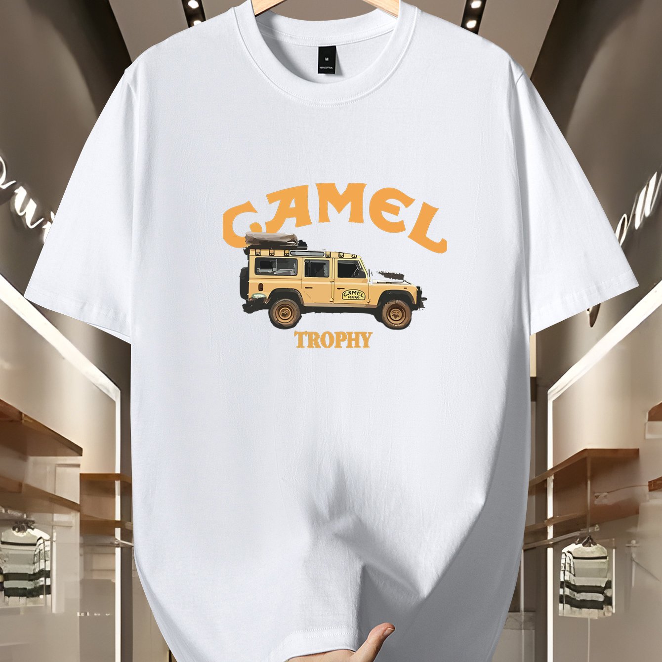 Men's 200g 100% Cotton Short Sleeve T-Shirt - White Casual Round Neck Tee with Geometric Pattern, Breathable Summer Top, Machine Washable Regular Fit, Everyday Apparel, Graphic Camel Design, Soft Fabric, Versatile Top, Minima - SeviSa