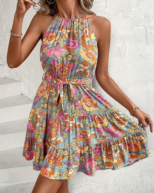 Vibrant Floral Print Off-Shoulder Midi Dress with Elastic Waist and Ruffled Hem - Casual Summer Sun Dress for Women, A-Line Silhouette, Lightweight Polyester Fabric, Perfect for Beach Outings or Stylish Evenings, Casual Outin - SeviSa
