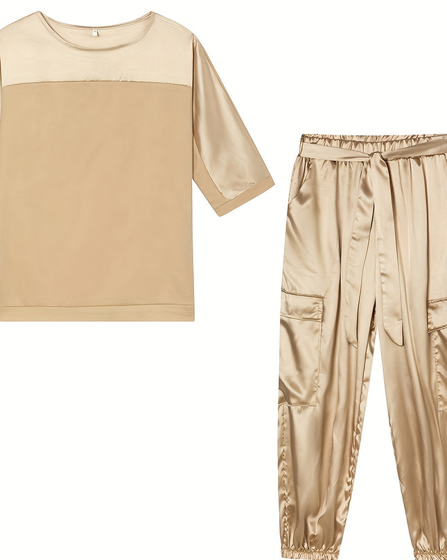 2025 New European and American Cross-Border Fashion Women'S Smooth Satin Half-Sleeve Top and Pants Set, Casual Two-Piece Outfit