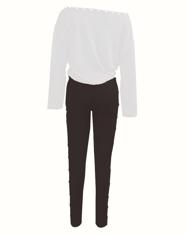 Women'S Stylish Off-Shoulder White Top & Black Pants Two-Piece Set - Casual Long Sleeve, Scoop Neck, Polyester Blend, Pockets, Drawstring Waist, Spring/Summer Casual Wear, Casual Attire|Scoop Neck Top|Polyester Blend