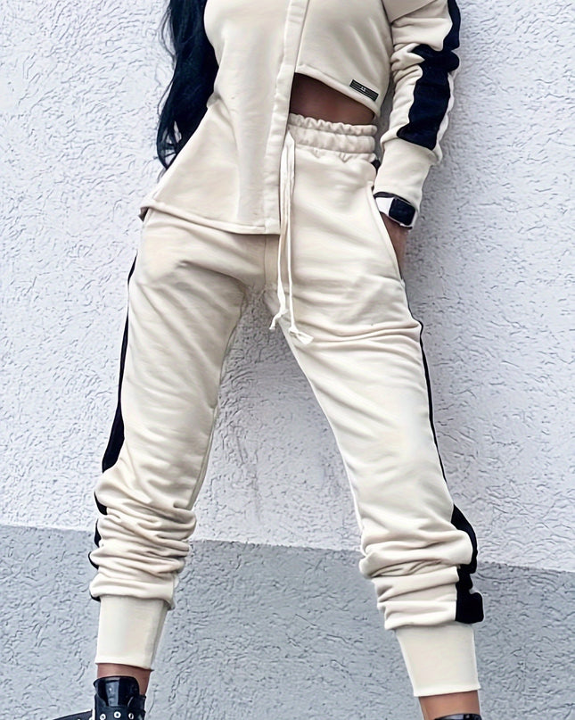 1set Elegant Women'S Polyester Knit Fabric Patchwork Outfit - One Shoulder V-Neck Long Sleeve Top with Irregular Design and Drawstring Pants with Pockets - All-Season Casual Wear
