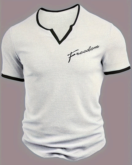 Men's Alphabet Print "FREEDOM" Waffle Knit T-shirt, V-neck And Short Sleeve Tee, Tops Perfect For Summer Fitness And Outdoors Activities - SeviSa