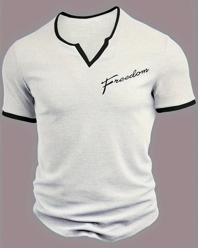 Men's Alphabet Print "FREEDOM" Waffle Knit T-shirt, V-neck And Short Sleeve Tee, Tops Perfect For Summer Fitness And Outdoors Activities - SeviSa