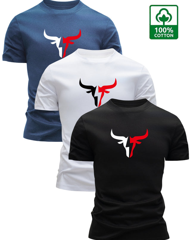 3pcs Men's 100% Cotton Graphic T-Shirts - Bold Bull Head & Letter Print, Slim Fit Short Sleeve Round Neck Tees for Summer Casual Wear, Breathable & Machine Washable, Everyday Comfort | Durable Fabric - SeviSa