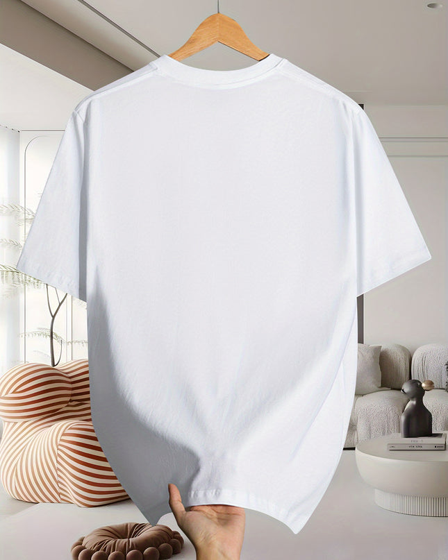 Men's 200g 100% Cotton Short Sleeve T-Shirt - White Casual Round Neck Tee with Geometric Pattern, Breathable Summer Top, Machine Washable Regular Fit, Everyday Apparel, Graphic Camel Design, Soft Fabric, Versatile Top, Minima - SeviSa