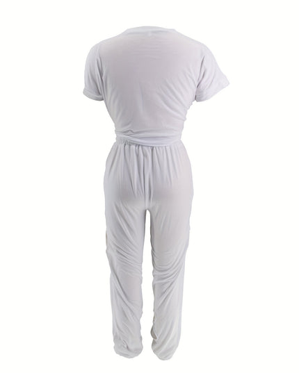Lässiges, einfarbiges zweiteiliges Set, kurzärmliges T-Shirt mit Bindeband vorne und ausgeschnittene Kleeblatt-Hosen mit hoher Taille, Outfits, Damenbekleidung