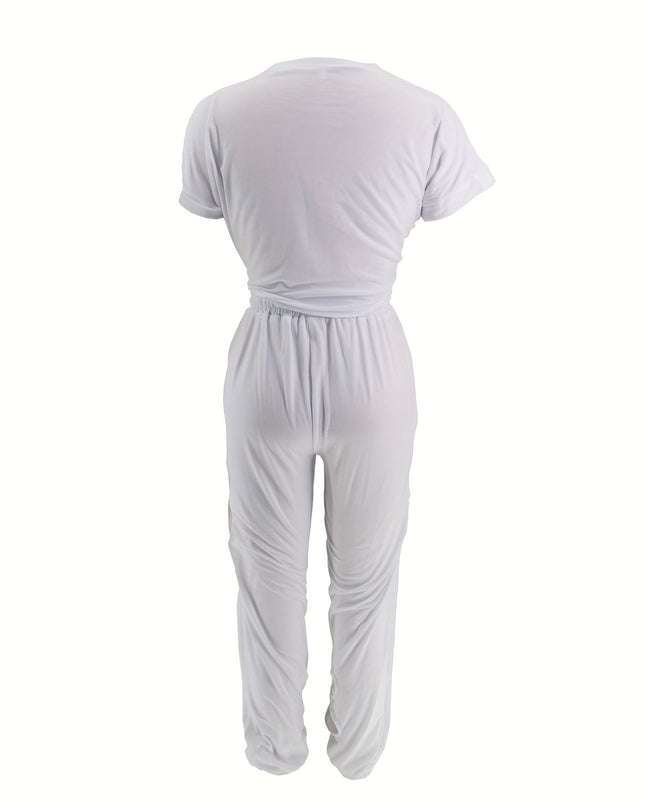 Casual Solid Two-piece Set, Short Sleeve Tie Front T-shirt & Cut Out Clover High Waist Pants Outfits, Women's Clothing