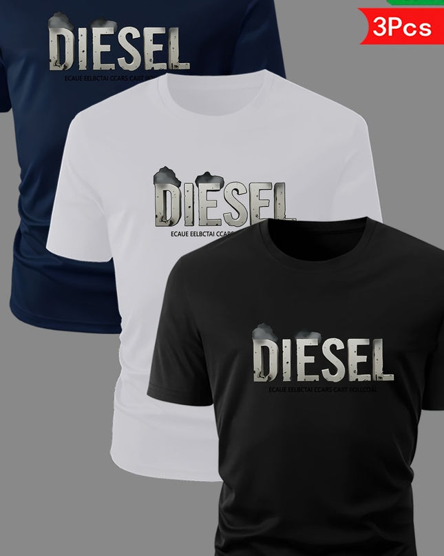 3pcs Men'S Diesel Graphic T-Shirts - 100% Cotton Breathable Summer Short Sleeve Tops, Regular Fit Round Neck Casual Tees with Bold Diesel Logo for Outdoor & Casual Attire, Machine Washable, Everyday Tshirt, Bold Graphic Tee, - SeviSa