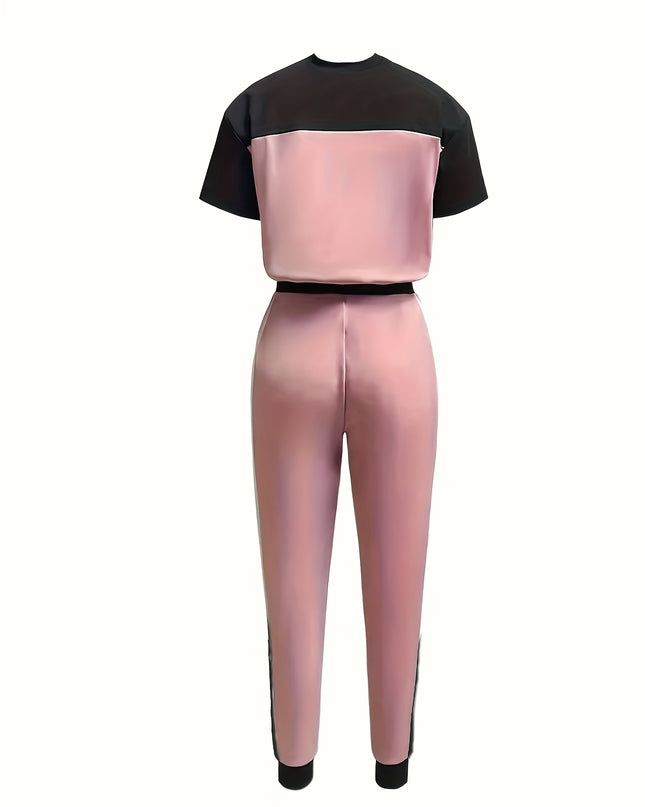 Casual Color Block Short Sleeve Round Neck T-Shirt and Long Pants Two-Piece Set