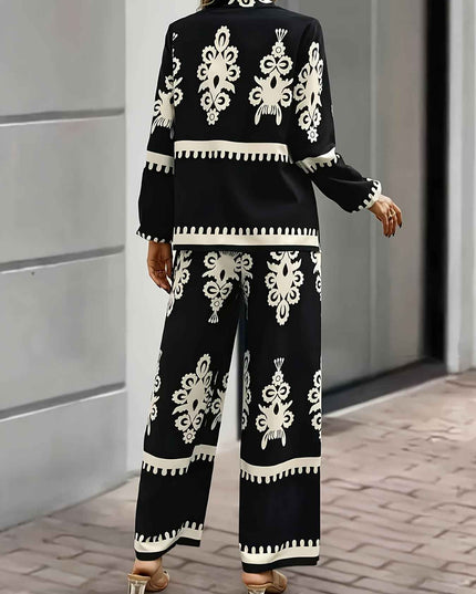 Women'S Stylish Black and White Paisley Print Two-Piece Set - Square Neck, Button-Up Blazer with Matching Pants, Perfect for Spring/Summer, Casual Attire|Paisley Print|Square Neckline, Pants Piece