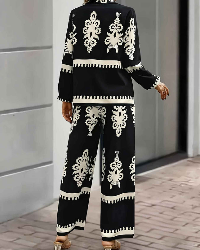 Women'S Stylish Black and White Paisley Print Two-Piece Set - Square Neck, Button-Up Blazer with Matching Pants, Perfect for Spring/Summer, Casual Attire|Paisley Print|Square Neckline, Pants Piece