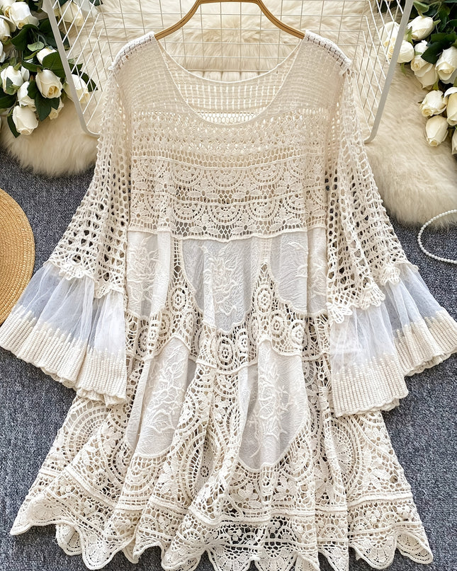 Women's Bohemian Vintage Lace- Dress - Long Sleeve A-Line Midi Dress with Crochet Cut-Out Details, Semi-Sheer Round Neck Boho Dress for Casual & Formal Occasions, Cute Dresses, Special Occasion Wear, Intricate Crochet Design - SeviSa