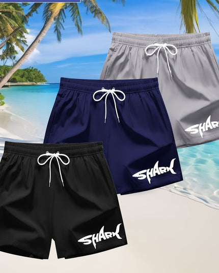 3pcs Men's Swim Trunks - Quick-Dry Beach Shorts with Adjustable Drawstring Waist, Shark Graphic Prints in Red, Black, Light Blue - Lightweight Swimwear for Surfing, Pool, Vacation - Non-Stretch Fabric for Board Sports Stabili - SeviSa