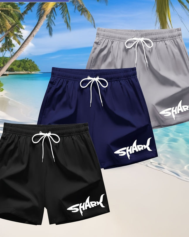 3pcs Men's Swim Trunks - Quick-Dry Beach Shorts with Adjustable Drawstring Waist, Shark Graphic Prints in Red, Black, Light Blue - Lightweight Swimwear for Surfing, Pool, Vacation - Non-Stretch Fabric for Board Sports Stabili - SeviSa