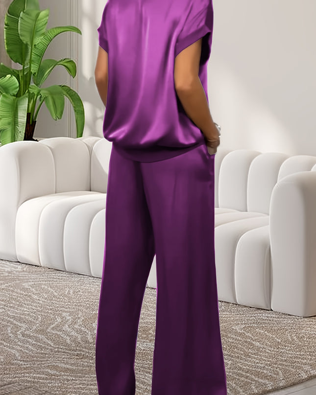 Women'S Elegant Lavender Polyester Pajama Set - Short Sleeve, Round Neck, Wide Leg Pants with Pockets, Perfect for Spring/Summer Home Wear, Relaxed Fit Pajamas|Elegant Pajama Set|Polyester Fabric